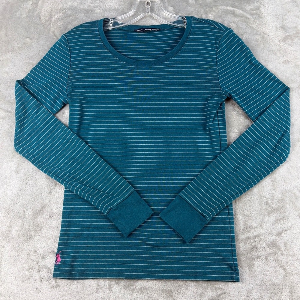 Ralph Lauren Sport Teal Blue Striped‎ Long Sleeve Crew Neck Pony Logo Top